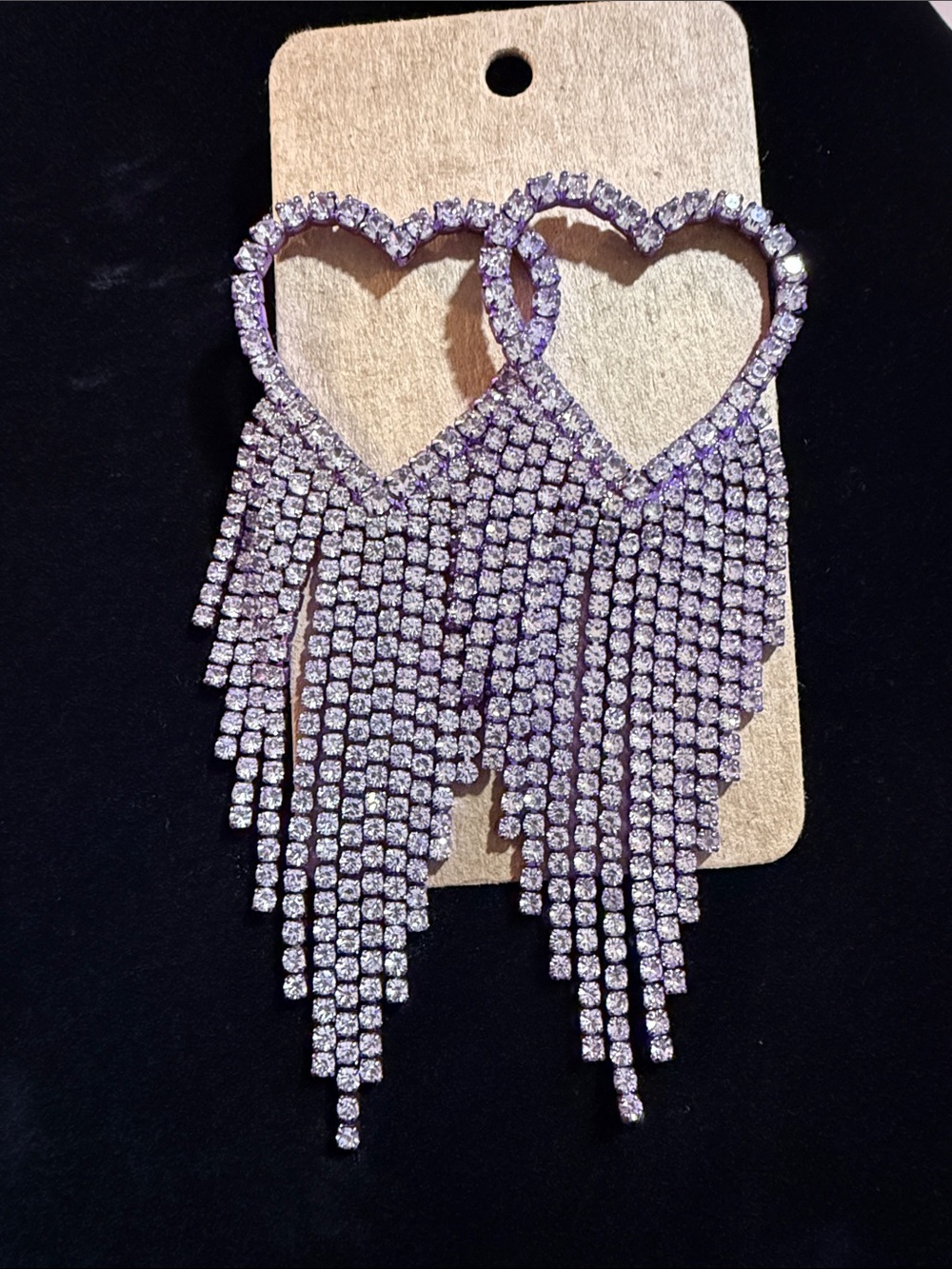 NWT Women’s Heart Shaped Purple Crystal Fringe Earrings 3.5” long